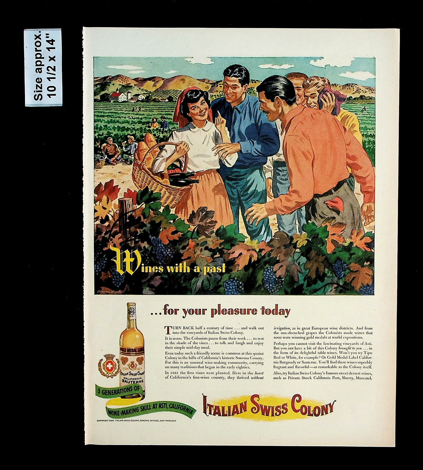 1944 Italian Swiss Colony California Sauterne Vines Wine Vintage Print Ad 35559